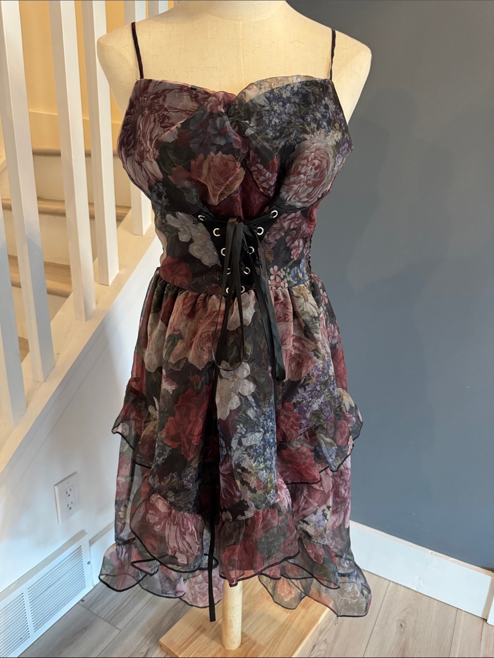 SHEIN Strapless Floral Lace-Up Corset Dress in Black and Burgundy